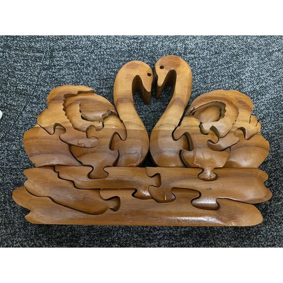 Handcrafted Intarsia Wooden Swan Puzzle Decor - 6.5" x 4.5" - Rustic Natural - Picture 2 of 3